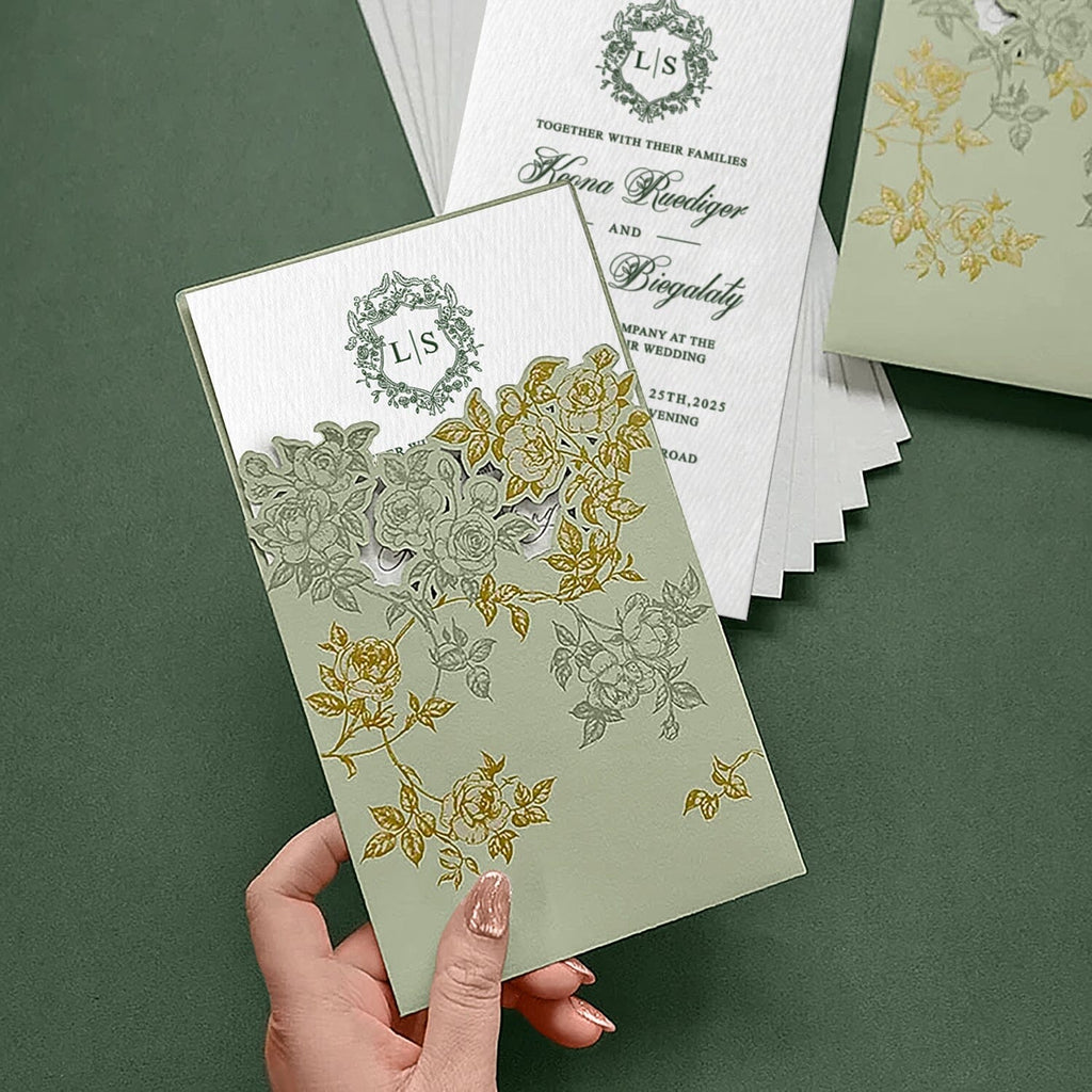 Romantic Sage Green and Gold Wedding Invitations, Spring Rose Laser Cut Pockets Invites, Elegant Handmade Paper with Botanical Monogram, QR Code RSVP Wedding Ceremony Supplies Picky Bride
