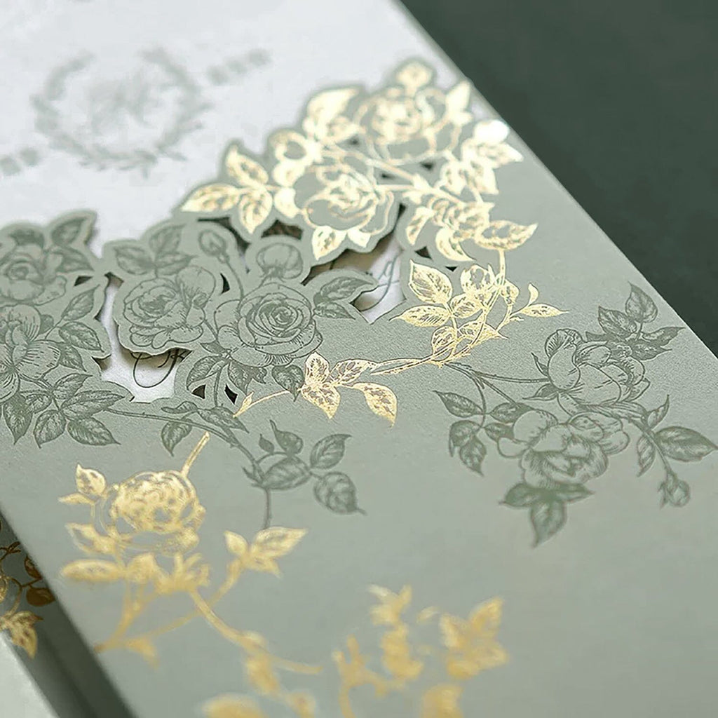 Romantic Sage Green and Gold Wedding Invitations, Spring Rose Laser Cut Pockets Invites, Elegant Handmade Paper with Botanical Monogram, QR Code RSVP Wedding Ceremony Supplies Picky Bride