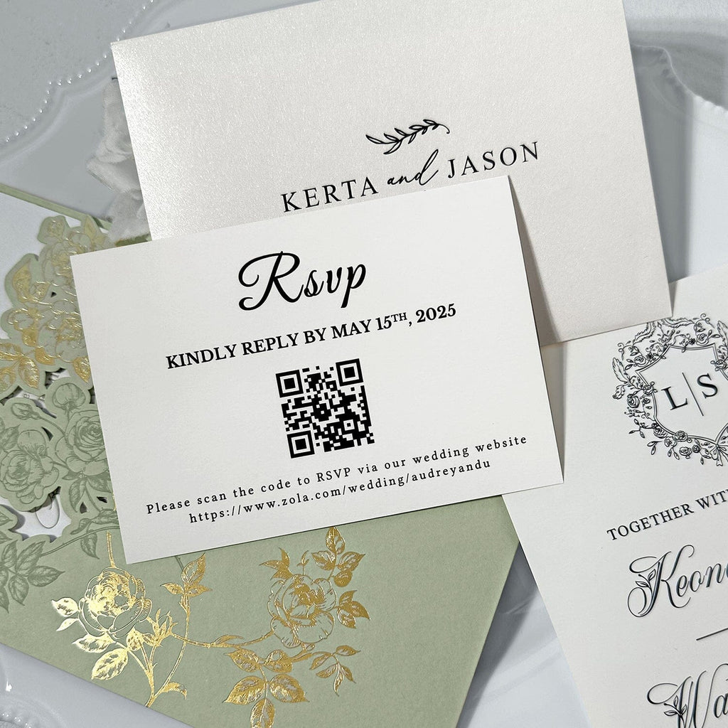 Romantic Sage Green and Gold Wedding Invitations, Spring Rose Laser Cut Pockets Invites, Elegant Handmade Paper with Botanical Monogram, QR Code RSVP Wedding Ceremony Supplies Picky Bride