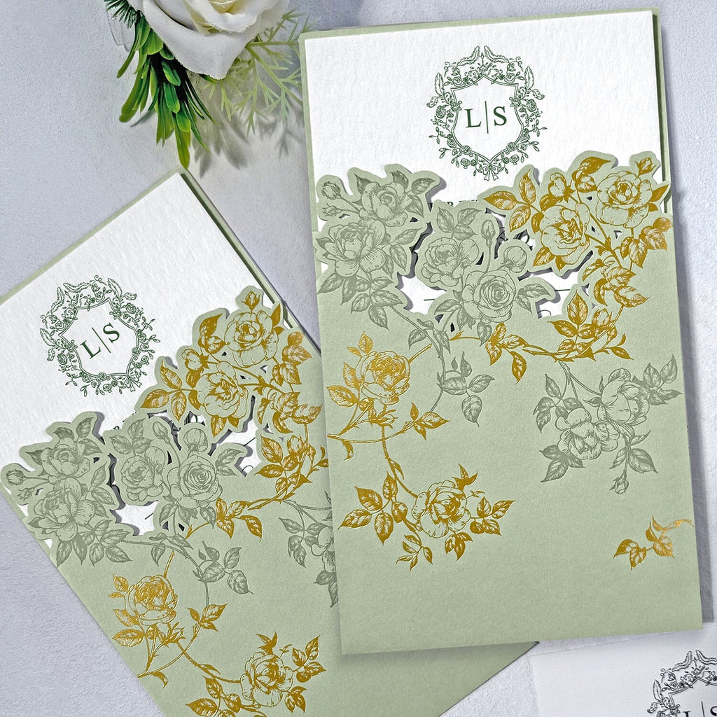 Romantic Sage Green and Gold Wedding Invitations, Spring Rose Laser Cut Pockets Invites, Elegant Handmade Paper with Botanical Monogram, QR Code RSVP Wedding Ceremony Supplies Picky Bride