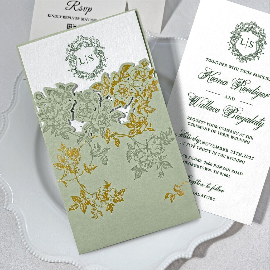 Romantic Sage Green and Gold Wedding Invitations, Spring Rose Laser Cut Pockets Invites, Elegant Handmade Paper with Botanical Monogram, QR Code RSVP Wedding Ceremony Supplies Picky Bride