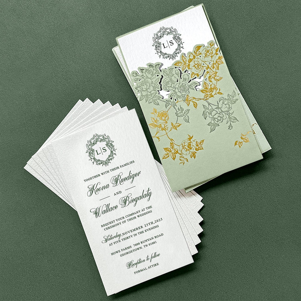 Romantic Sage Green and Gold Wedding Invitations, Spring Rose Laser Cut Pockets Invites, Elegant Handmade Paper with Botanical Monogram, QR Code RSVP Wedding Ceremony Supplies Picky Bride