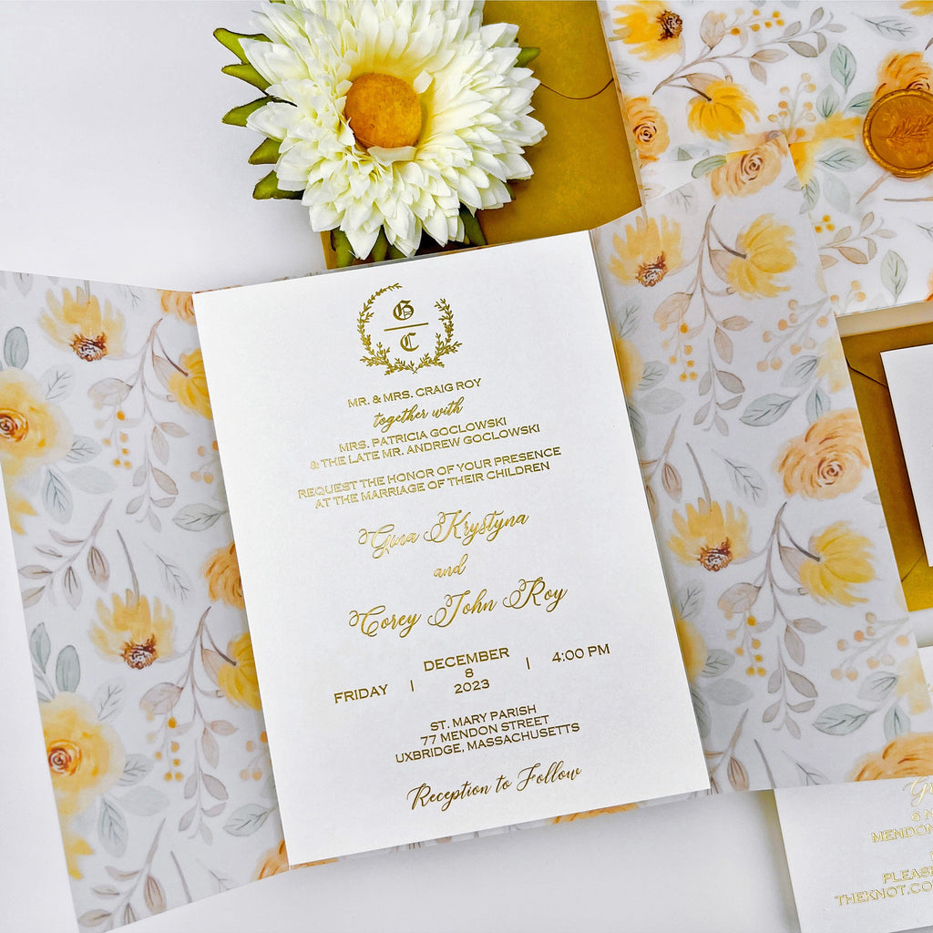 Romantic Sunflower Wedding Invitations, Yellow Floral Vellum Jacket Wedding Invites, Customized Gold Foil Monogram and Wax Seal Invitation Wedding Ceremony Supplies Picky Bride