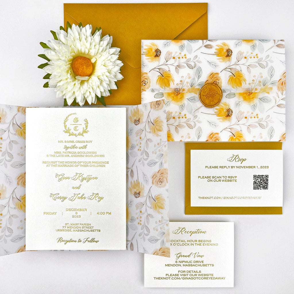 Romantic Sunflower Wedding Invitations, Yellow Floral Vellum Jacket Wedding Invites, Customized Gold Foil Monogram and Wax Seal Invitation Wedding Ceremony Supplies Picky Bride