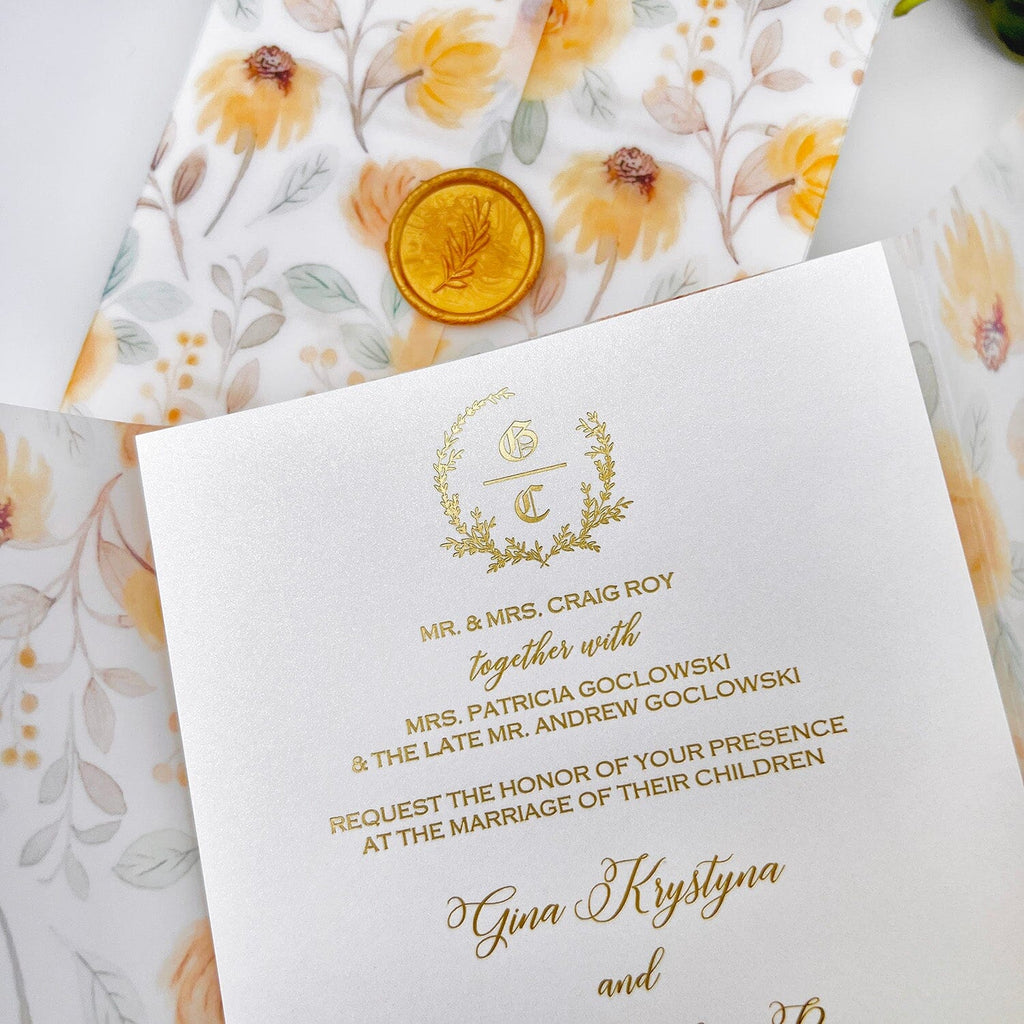 Romantic Sunflower Wedding Invitations, Yellow Floral Vellum Jacket Wedding Invites, Customized Gold Foil Monogram and Wax Seal Invitation Wedding Ceremony Supplies Picky Bride