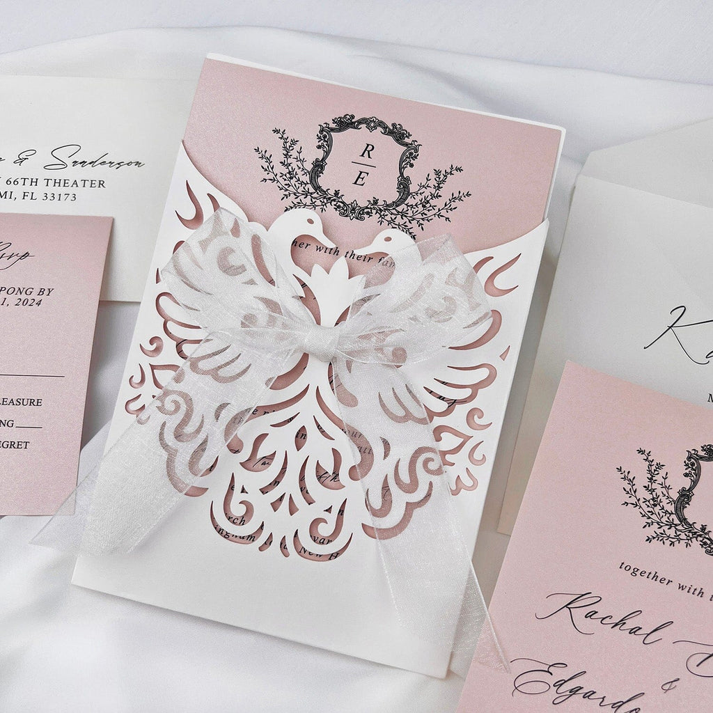 Romantic Swan Princess Wedding Invitation, Elegant Pink and Ivory Laser Cut Invites with White Chiffon Bow, Personalized Pocket Wedding Invitations Picky Bride
