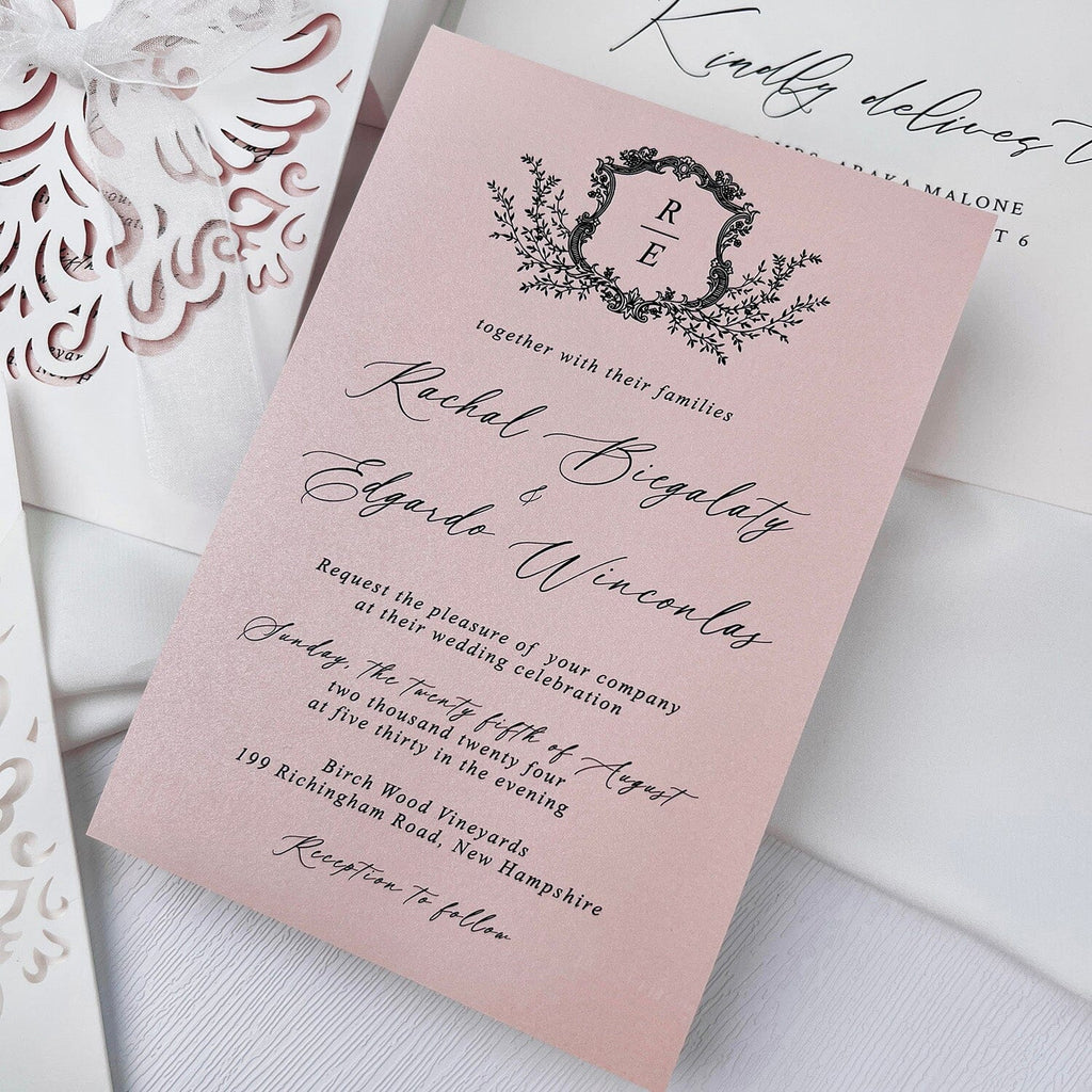 Romantic Swan Princess Wedding Invitation, Elegant Pink and Ivory Laser Cut Invites with White Chiffon Bow, Personalized Pocket Wedding Invitations Picky Bride