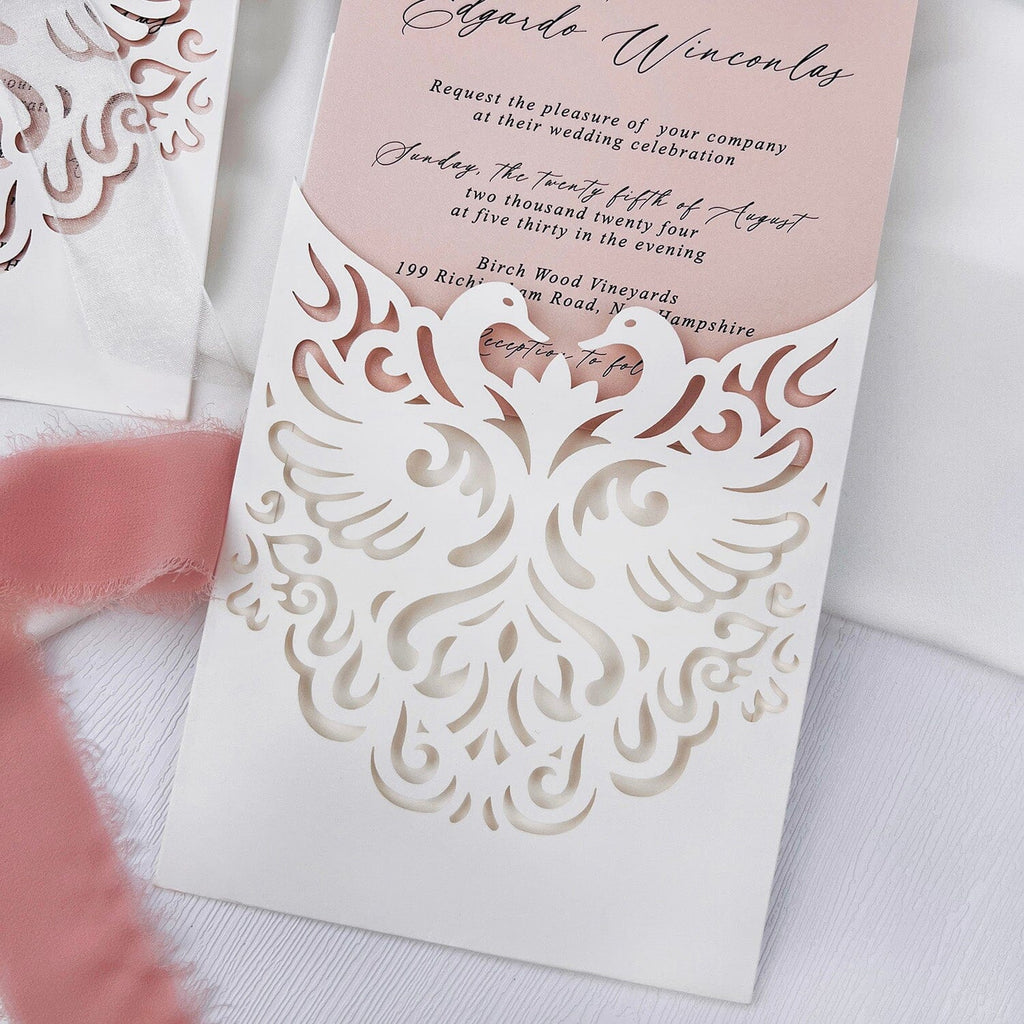 Romantic Swan Princess Wedding Invitation, Elegant Pink and Ivory Laser Cut Invites with White Chiffon Bow, Personalized Pocket Wedding Invitations Picky Bride