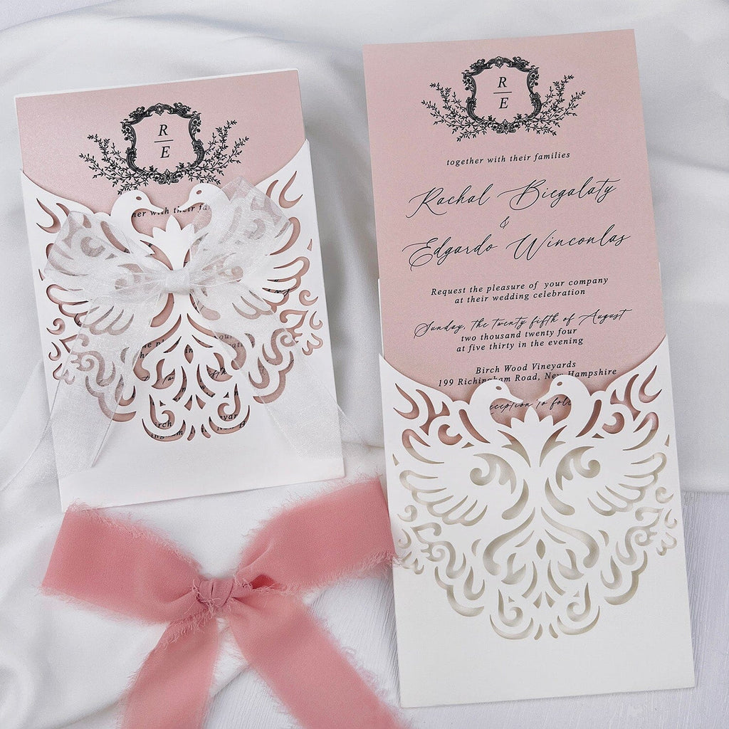 Romantic Swan Princess Wedding Invitation, Elegant Pink and Ivory Laser Cut Invites with White Chiffon Bow, Personalized Pocket Wedding Invitations Picky Bride