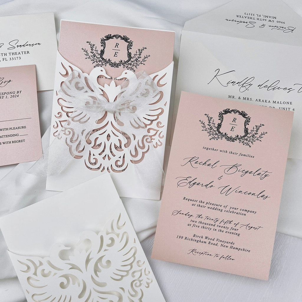 Romantic Swan Princess Wedding Invitation, Elegant Pink and Ivory Laser Cut Invites with White Chiffon Bow, Personalized Pocket Wedding Invitations Picky Bride