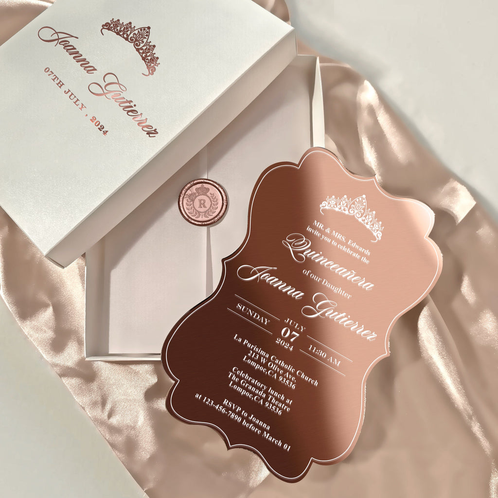 Rose Gold Acrylic Quinceanera Invitations, Sweet 16 Mirror Invitation, Boxed Party Invites with Personalized Wax Seal and Princess Crown Monogram Wedding Ceremony Supplies Picky Bride