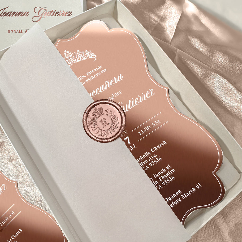 Rose Gold Acrylic Quinceanera Invitations, Sweet 16 Mirror Invitation, Boxed Party Invites with Personalized Wax Seal and Princess Crown Monogram Wedding Ceremony Supplies Picky Bride
