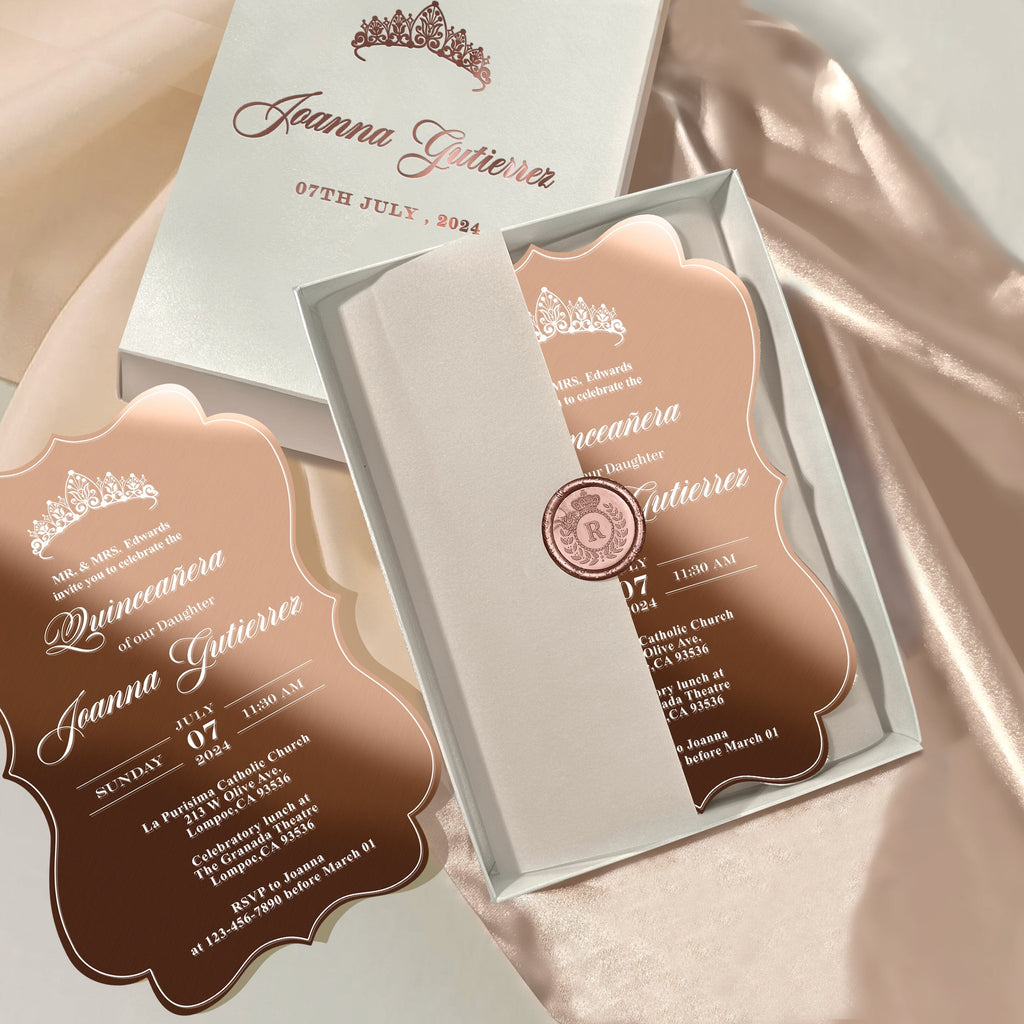 Rose Gold Acrylic Quinceanera Invitations, Sweet 16 Mirror Invitation, Boxed Party Invites with Personalized Wax Seal and Princess Crown Monogram Wedding Ceremony Supplies Picky Bride