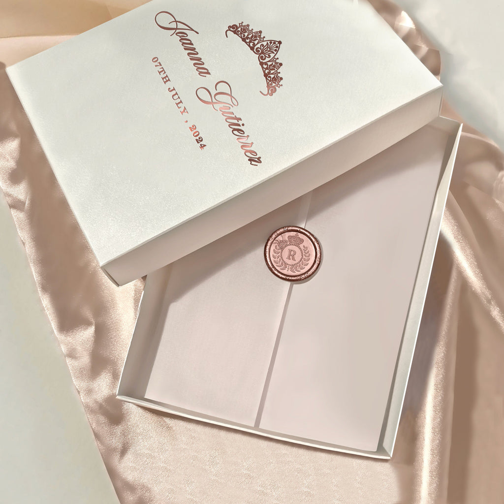 Rose Gold Acrylic Quinceanera Invitations, Sweet 16 Mirror Invitation, Boxed Party Invites with Personalized Wax Seal and Princess Crown Monogram Wedding Ceremony Supplies Picky Bride