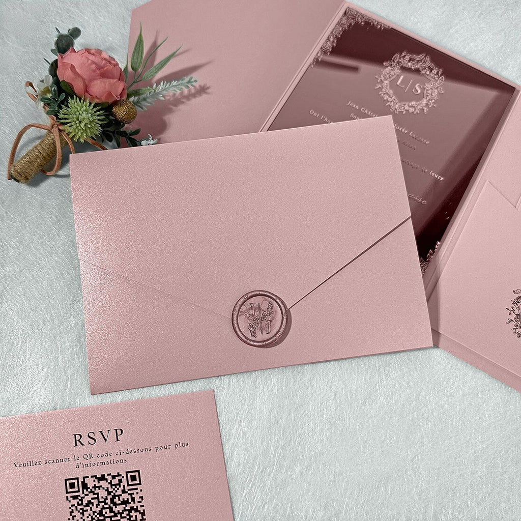 Rose Gold Mirror Acrylic Wedding Invitations, Elegant Blush Pink Pocket Wedding Invites with QR Code RSVP, Personalized Monogram and Wax Seal Wedding Ceremony Supplies Picky Bride
