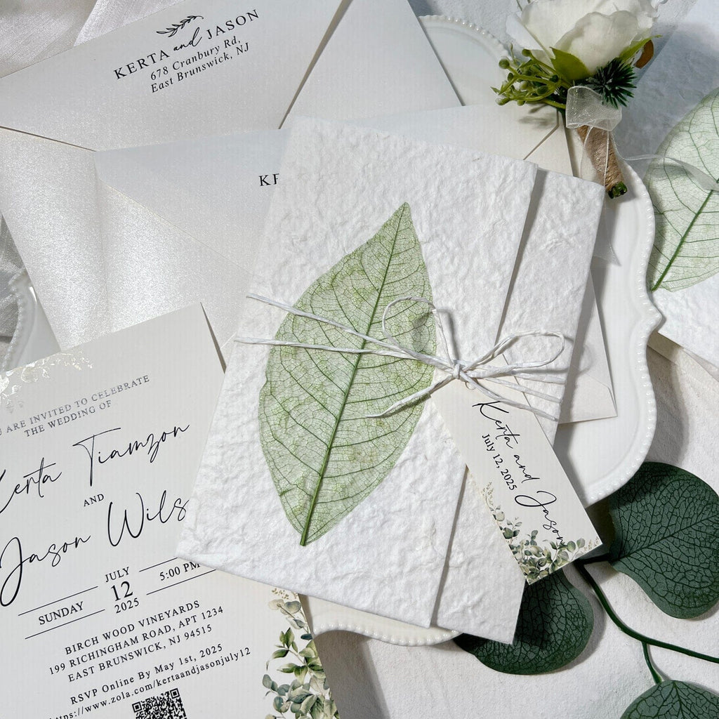 Rustic Sage Green Botanical Wedding Invitations, Spring Real Leaf Invites with Personalized Name Tag, Romantic Greenery QR Code Invitation Wedding Ceremony Supplies Picky Bride