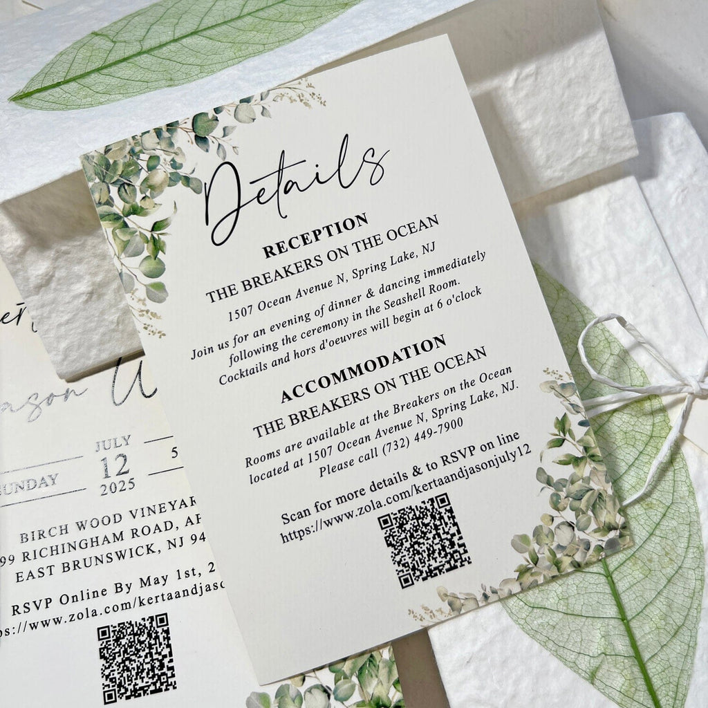 Rustic Sage Green Botanical Wedding Invitations, Spring Real Leaf Invites with Personalized Name Tag, Romantic Greenery QR Code Invitation Wedding Ceremony Supplies Picky Bride