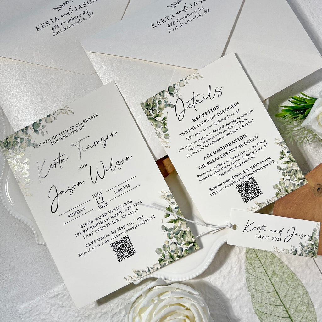 Rustic Sage Green Botanical Wedding Invitations, Spring Real Leaf Invites with Personalized Name Tag, Romantic Greenery QR Code Invitation Wedding Ceremony Supplies Picky Bride