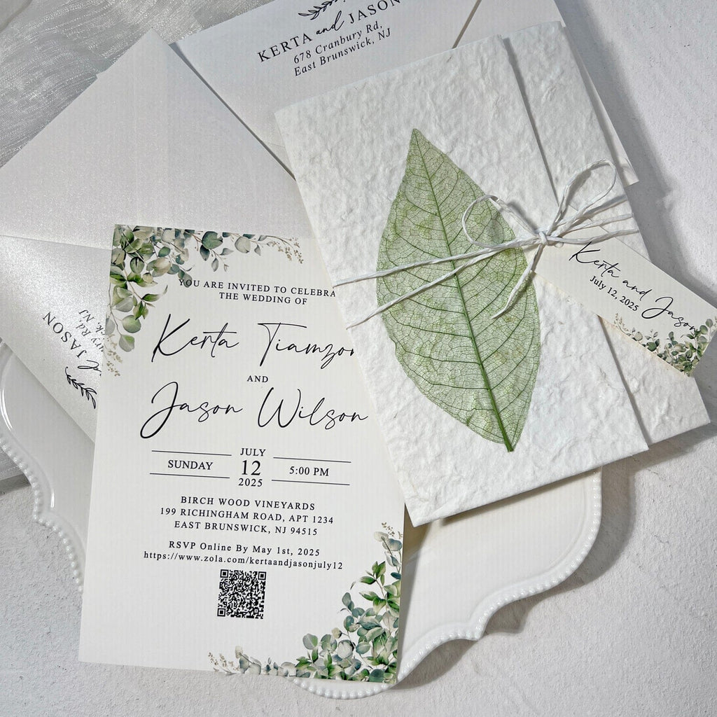 Rustic Sage Green Botanical Wedding Invitations, Spring Real Leaf Invites with Personalized Name Tag, Romantic Greenery QR Code Invitation Wedding Ceremony Supplies Picky Bride