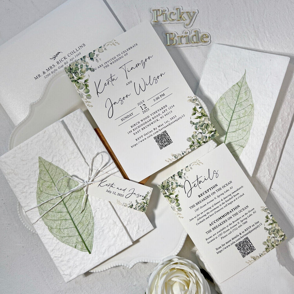 Rustic Sage Green Botanical Wedding Invitations, Spring Real Leaf Invites with Personalized Name Tag, Romantic Greenery QR Code Invitation Wedding Ceremony Supplies Picky Bride