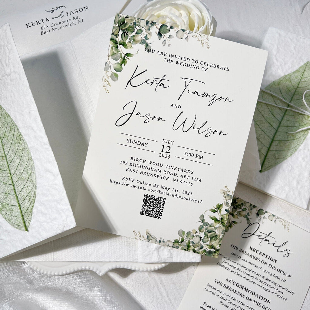Rustic Sage Green Botanical Wedding Invitations, Spring Real Leaf Invites with Personalized Name Tag, Romantic Greenery QR Code Invitation Wedding Ceremony Supplies Picky Bride