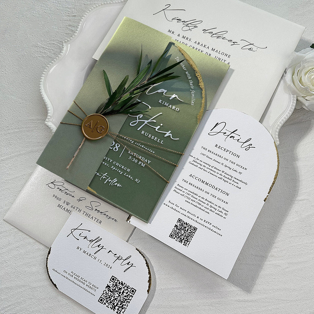Sage Green Clear Arched Acrylic Wedding Invitations with Wax Seals, Botanical Multiple Choice Wedding Ceremony Supplies Picky Bride