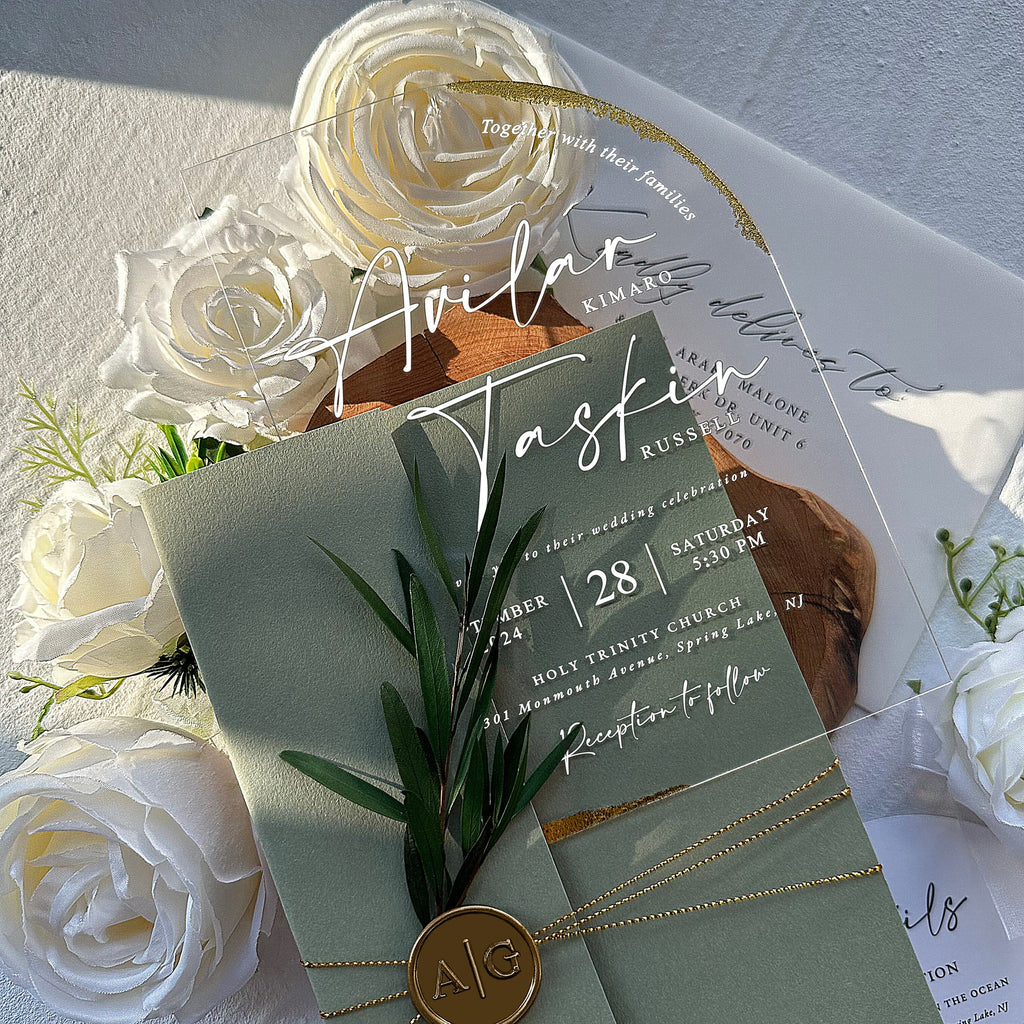 Sage Green Clear Arched Acrylic Wedding Invitations with Wax Seals, Botanical Multiple Choice Wedding Ceremony Supplies Picky Bride