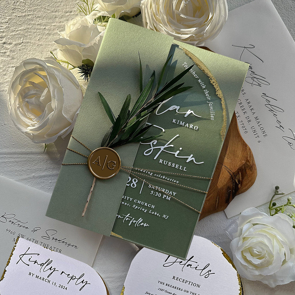 Sage Green Clear Arched Acrylic Wedding Invitations with Wax Seals, Botanical Multiple Choice Wedding Ceremony Supplies Picky Bride