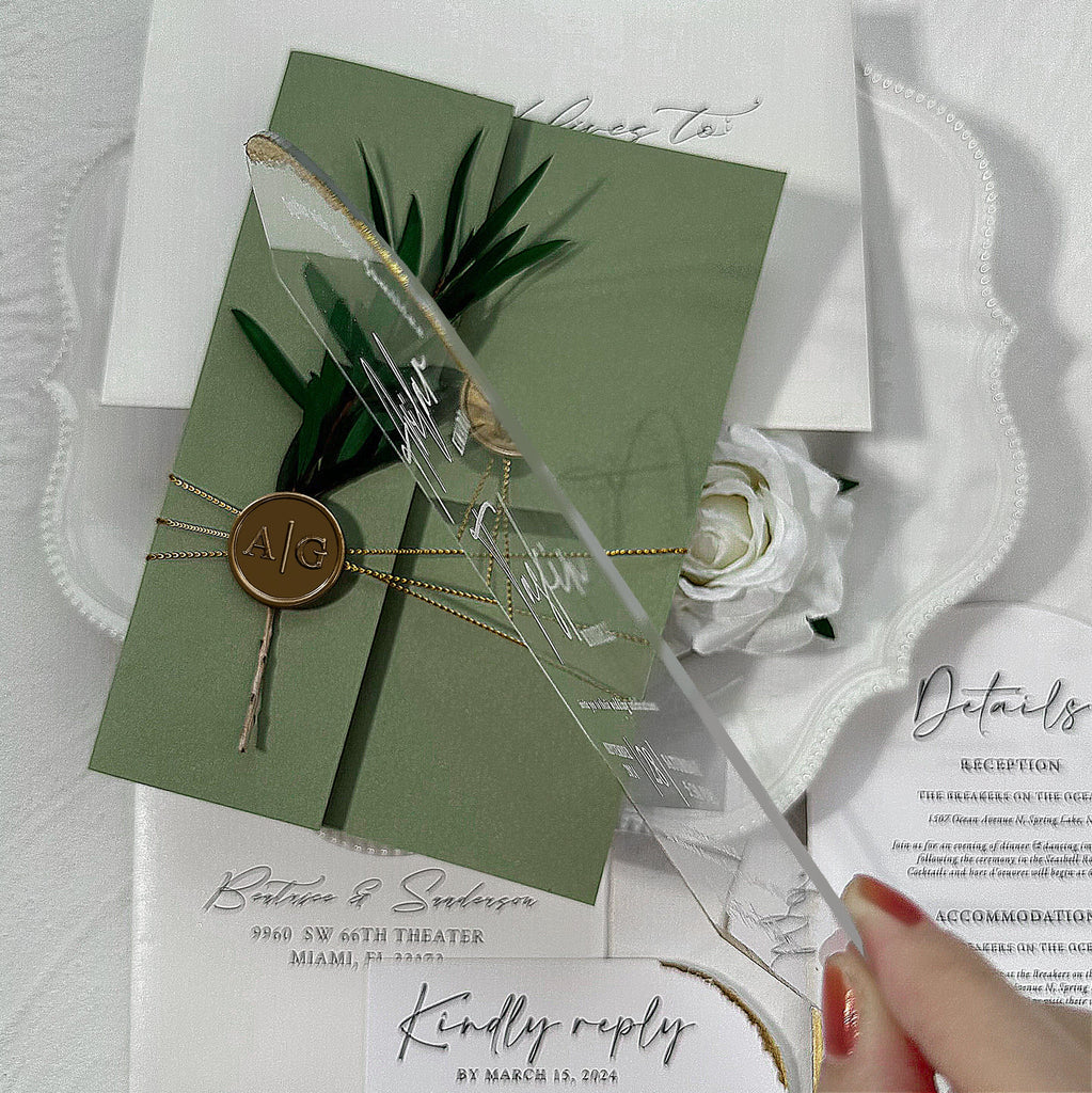 Sage Green Clear Arched Acrylic Wedding Invitations with Wax Seals, Botanical Multiple Choice Wedding Ceremony Supplies Picky Bride