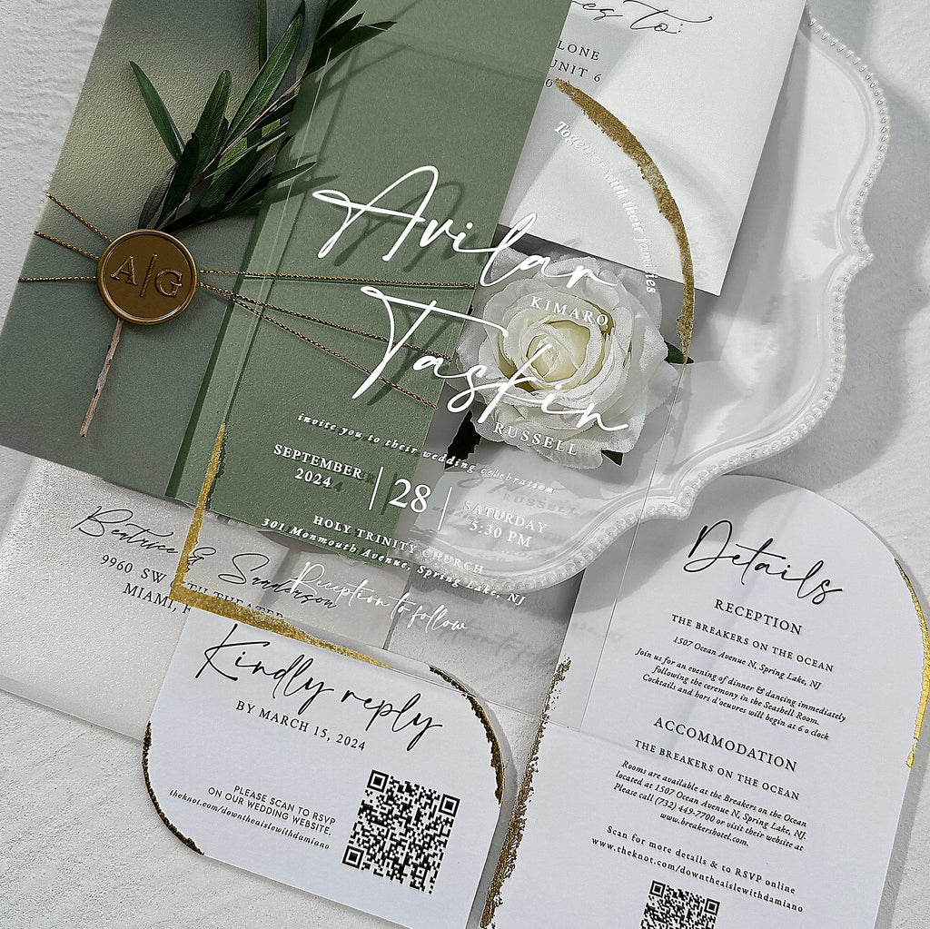 Sage Green Clear Arched Acrylic Wedding Invitations with Wax Seals, Botanical Multiple Choice Wedding Ceremony Supplies Picky Bride