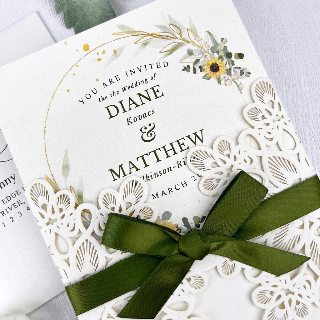 Sage Green Floral Wedding Invitations, Wildflower Laser Cut Wedding Invites with Romantic Ribbon Bow, Spring Watercolor Square Wedding Invitation Picky Bride
