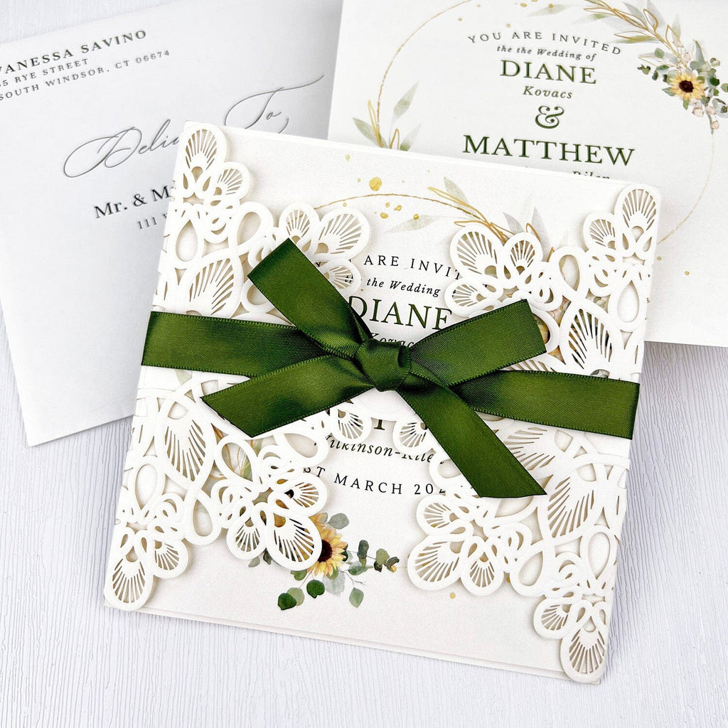 Sage Green Floral Wedding Invitations, Wildflower Laser Cut Wedding Invites with Romantic Ribbon Bow, Spring Watercolor Square Wedding Invitation Picky Bride