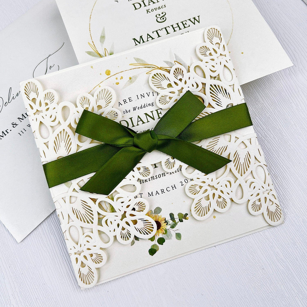 Sage Green Floral Wedding Invitations, Wildflower Laser Cut Wedding Invites with Romantic Ribbon Bow, Spring Watercolor Square Wedding Invitation Picky Bride
