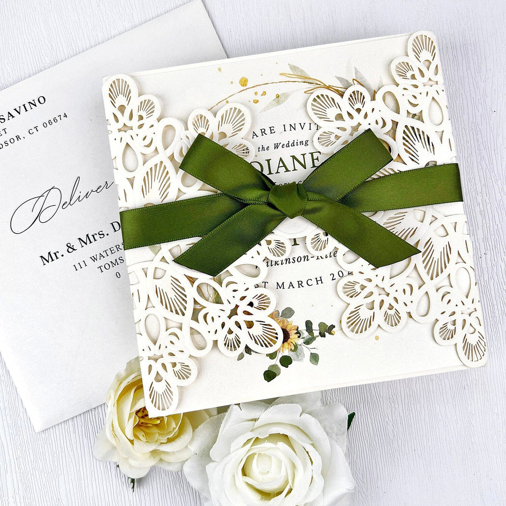 Sage Green Floral Wedding Invitations, Wildflower Laser Cut Wedding Invites with Romantic Ribbon Bow, Spring Watercolor Square Wedding Invitation Picky Bride