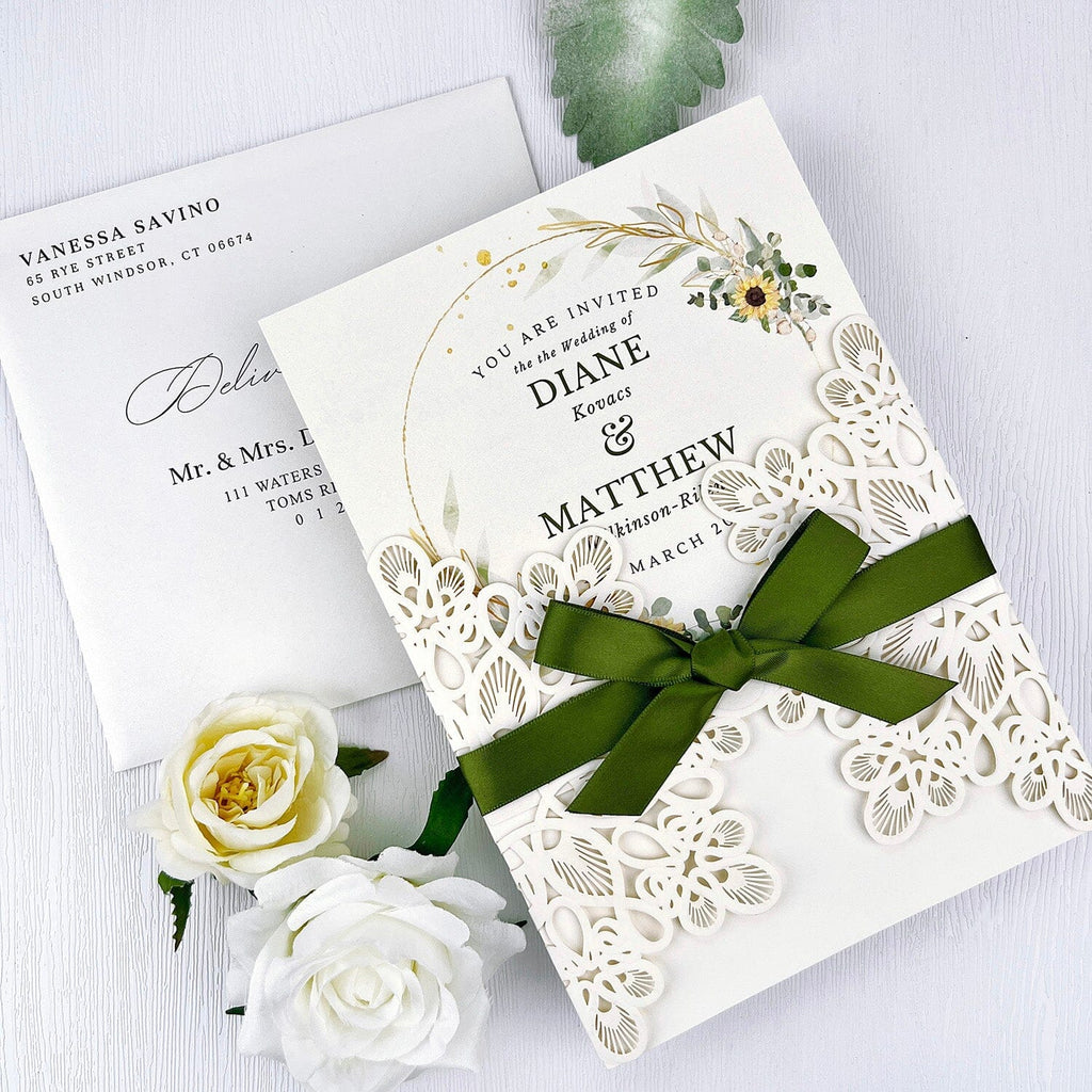 Sage Green Floral Wedding Invitations, Wildflower Laser Cut Wedding Invites with Romantic Ribbon Bow, Spring Watercolor Square Wedding Invitation Picky Bride