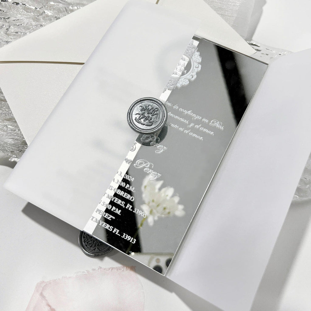 Silver Mirror Wedding Invitations Elegant, Grey Mirror Acrylic Invitations, Luxury Wedding Card with Pink Handmade Chiffon Ribbons Wedding Ceremony Supplies Picky Bride