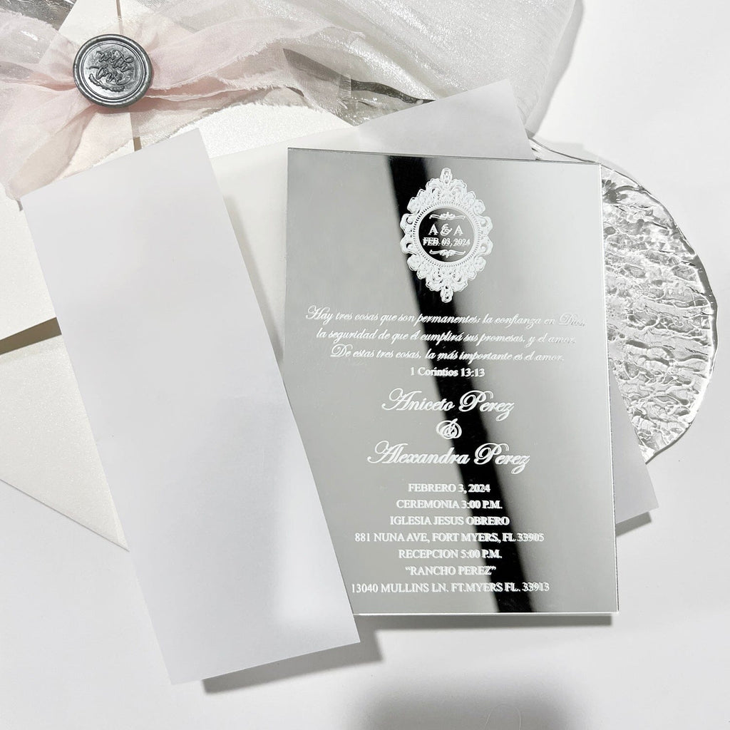 Silver Mirror Wedding Invitations Elegant, Grey Mirror Acrylic Invitations, Luxury Wedding Card with Pink Handmade Chiffon Ribbons Wedding Ceremony Supplies Picky Bride