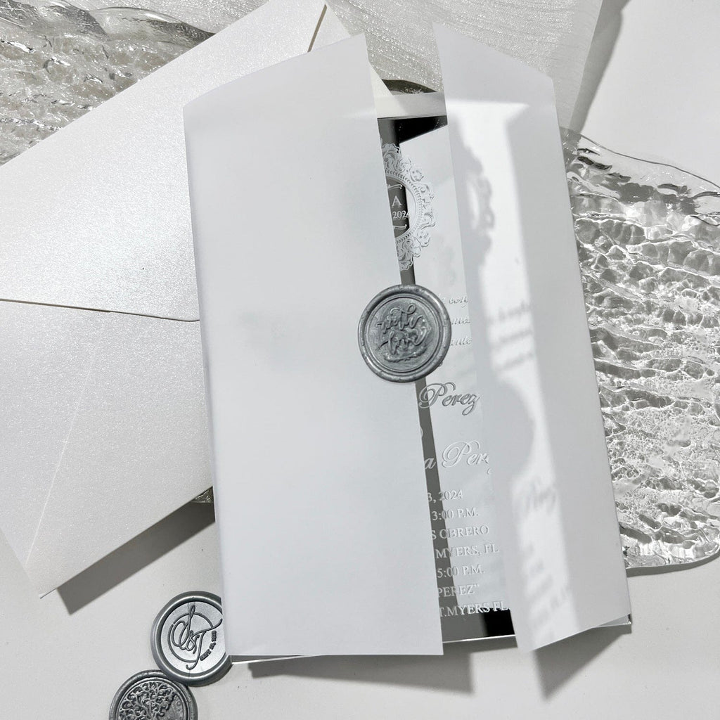 Silver Mirror Wedding Invitations Elegant, Grey Mirror Acrylic Invitations, Luxury Wedding Card with Pink Handmade Chiffon Ribbons Wedding Ceremony Supplies Picky Bride