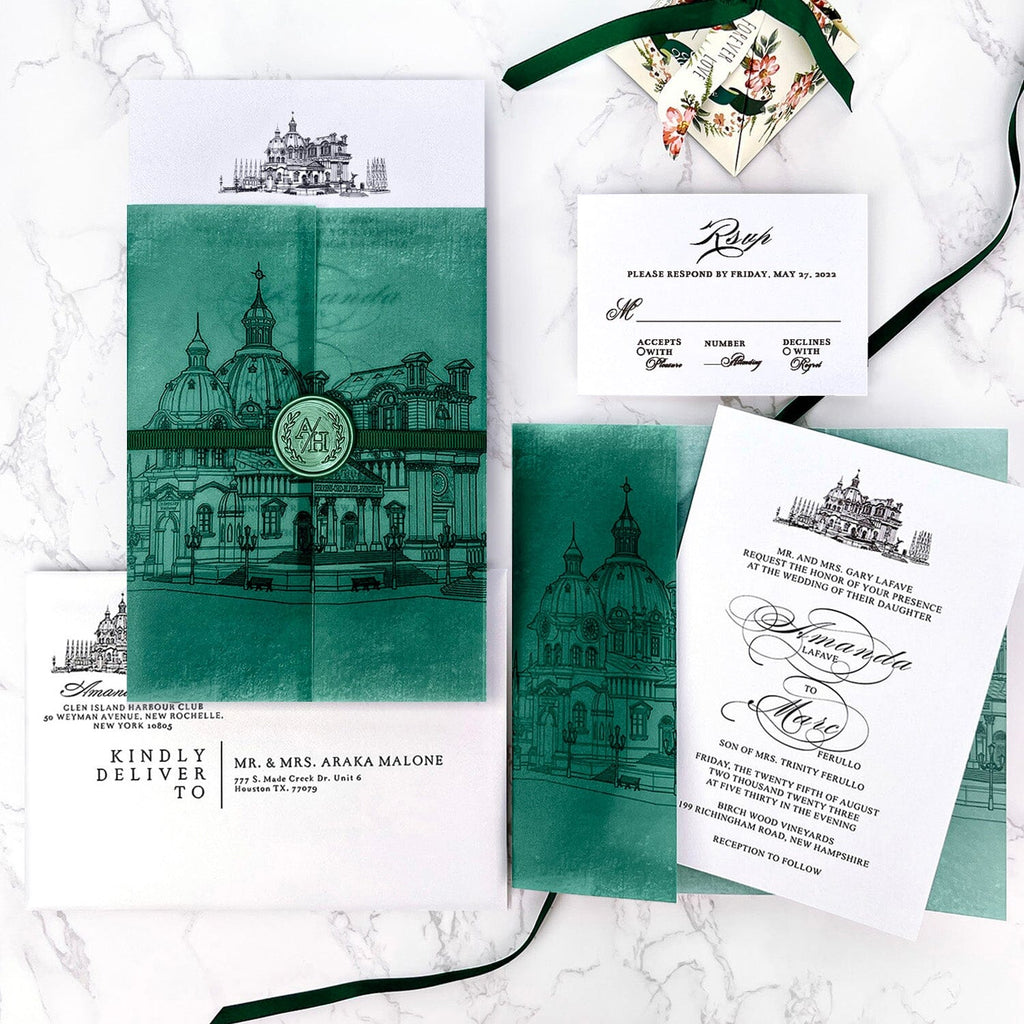 Vintage Emerald Church Vellum Wedding Invitations, Sacred Architecture Printing Wrap Invites, Personalized Wax seal and RSVP Wedding Ceremony Supplies Picky Bride