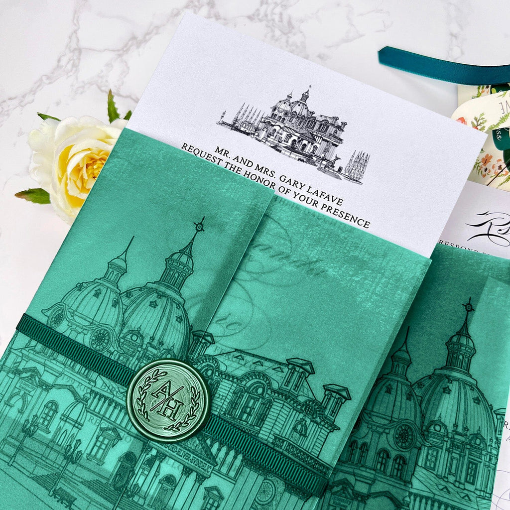 Vintage Emerald Church Vellum Wedding Invitations, Sacred Architecture Printing Wrap Invites, Personalized Wax seal and RSVP Wedding Ceremony Supplies Picky Bride