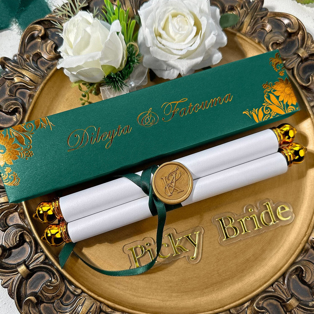Vintage Gold and Green Scroll Quinceanera Invitations, Sweet 16 Birthday Princess Crown Invites, Elegant Floral Invitation with Wax Seal and Silk Ribbon, Luxury Gold Foil Box Wedding Ceremony Supplies Picky Bride