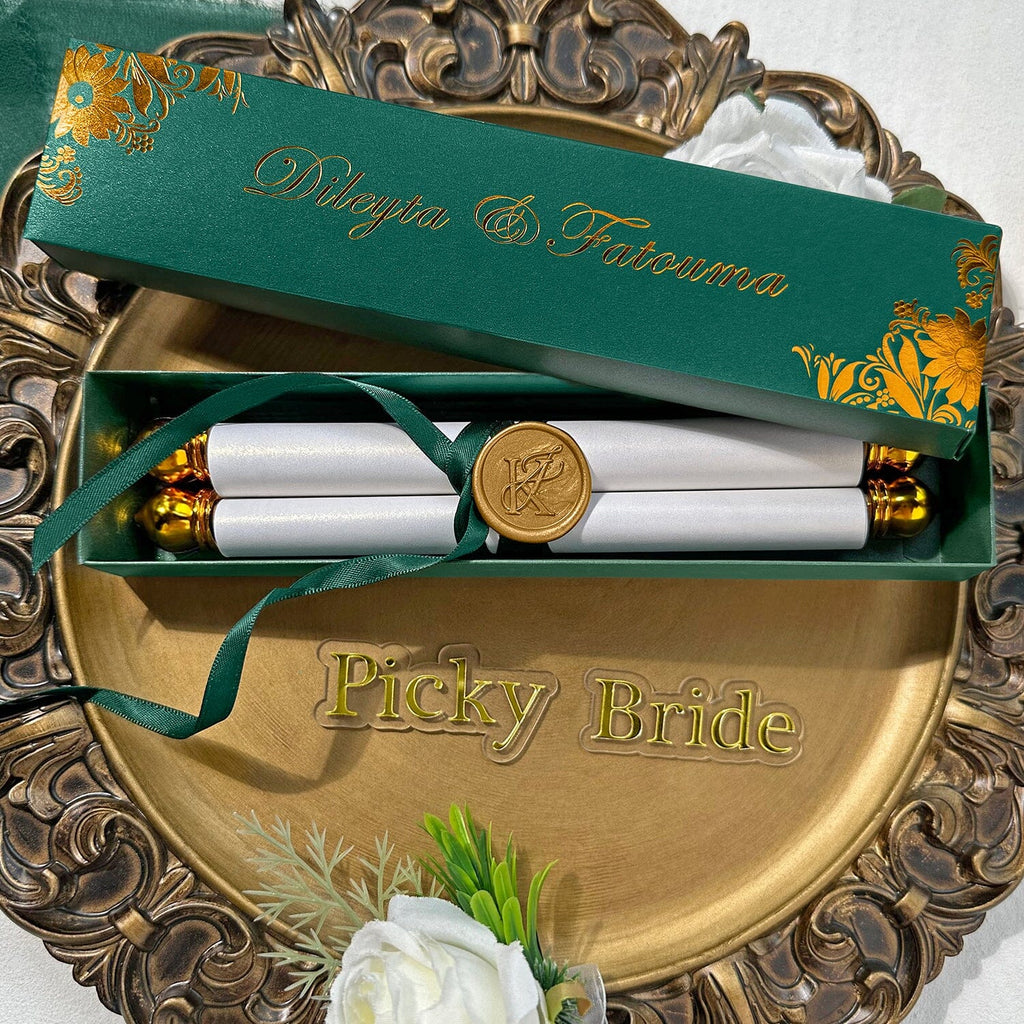 Vintage Gold and Green Scroll Quinceanera Invitations, Sweet 16 Birthday Princess Crown Invites, Elegant Floral Invitation with Wax Seal and Silk Ribbon, Luxury Gold Foil Box Wedding Ceremony Supplies Picky Bride