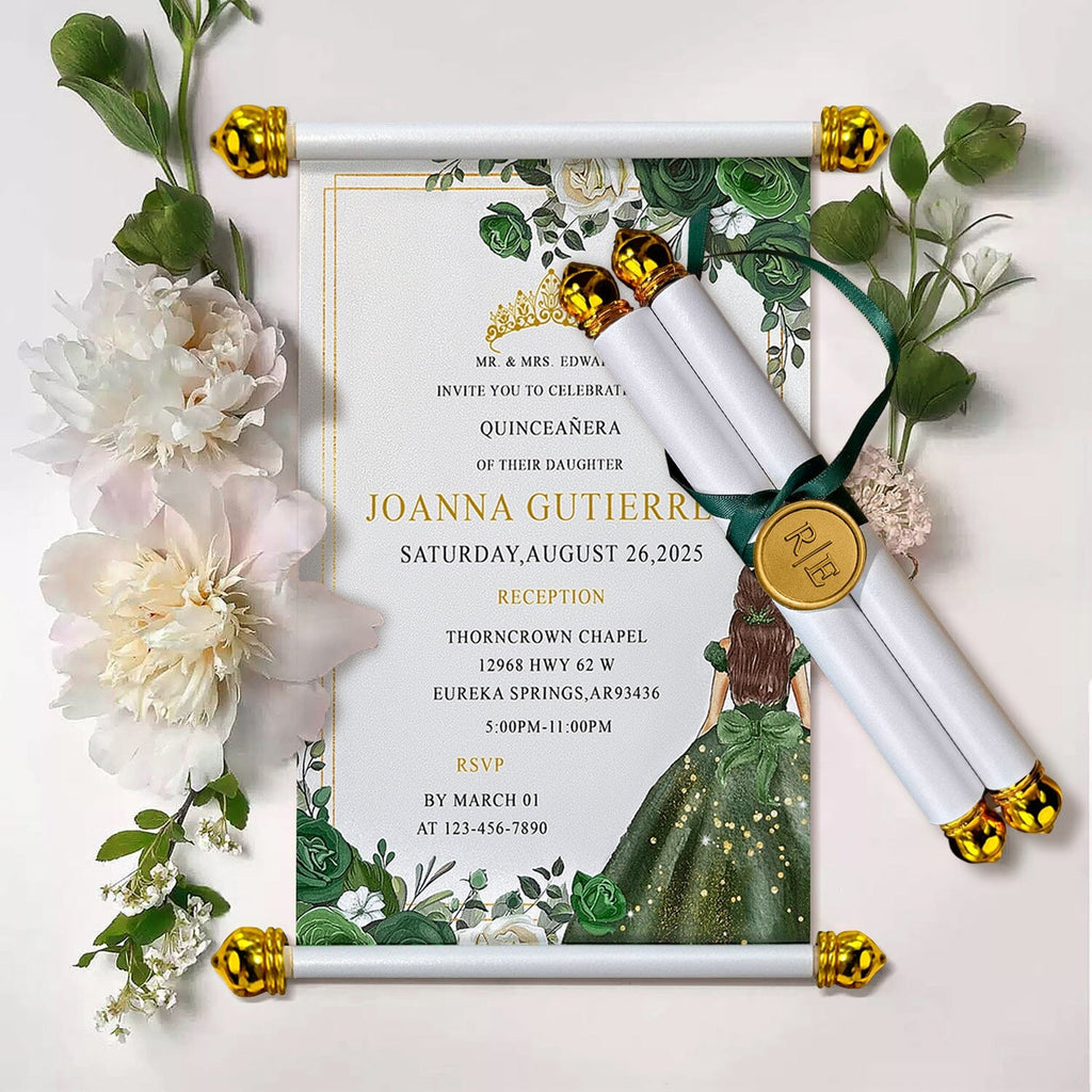 Vintage Gold and Green Scroll Quinceanera Invitations, Sweet 16 Birthday Princess Crown Invites, Elegant Floral Invitation with Wax Seal and Silk Ribbon, Luxury Gold Foil Box Wedding Ceremony Supplies Picky Bride