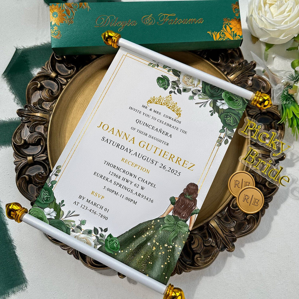 Vintage Gold and Green Scroll Quinceanera Invitations, Sweet 16 Birthday Princess Crown Invites, Elegant Floral Invitation with Wax Seal and Silk Ribbon, Luxury Gold Foil Box Wedding Ceremony Supplies Picky Bride