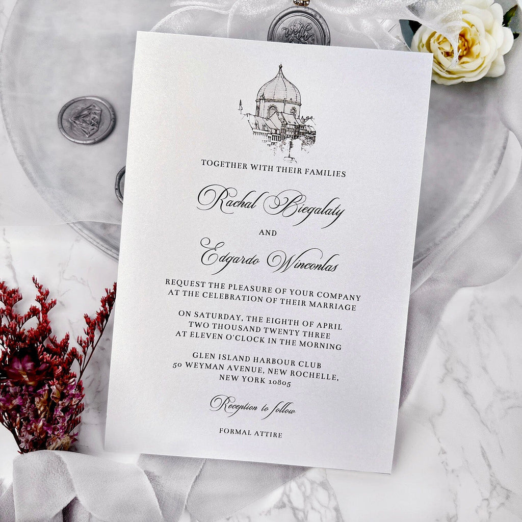 Vintage Gray and Silver Church Vellum Wedding Invitations, Sacred Architecture Printed Wrap Invites, Personalized Wax seal and RSVP Wedding Ceremony Supplies Picky Bride