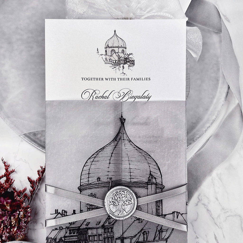 Vintage Gray and Silver Church Vellum Wedding Invitations, Sacred Architecture Printed Wrap Invites, Personalized Wax seal and RSVP Wedding Ceremony Supplies Picky Bride