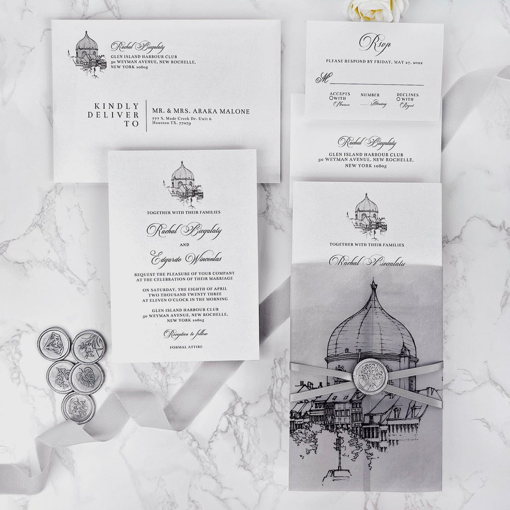 Vintage Gray and Silver Church Vellum Wedding Invitations, Sacred Architecture Printed Wrap Invites, Personalized Wax seal and RSVP Wedding Ceremony Supplies Picky Bride