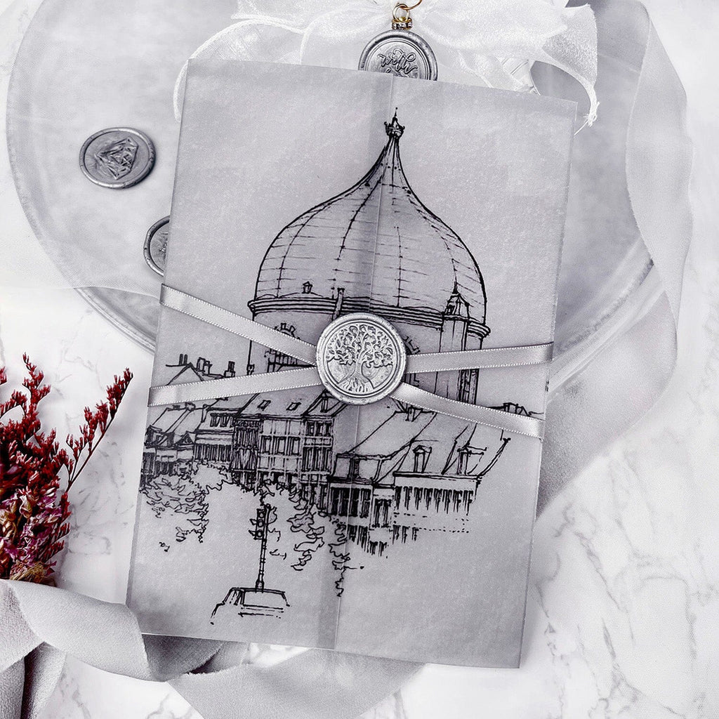 Vintage Gray and Silver Church Vellum Wedding Invitations, Sacred Architecture Printed Wrap Invites, Personalized Wax seal and RSVP Wedding Ceremony Supplies Picky Bride