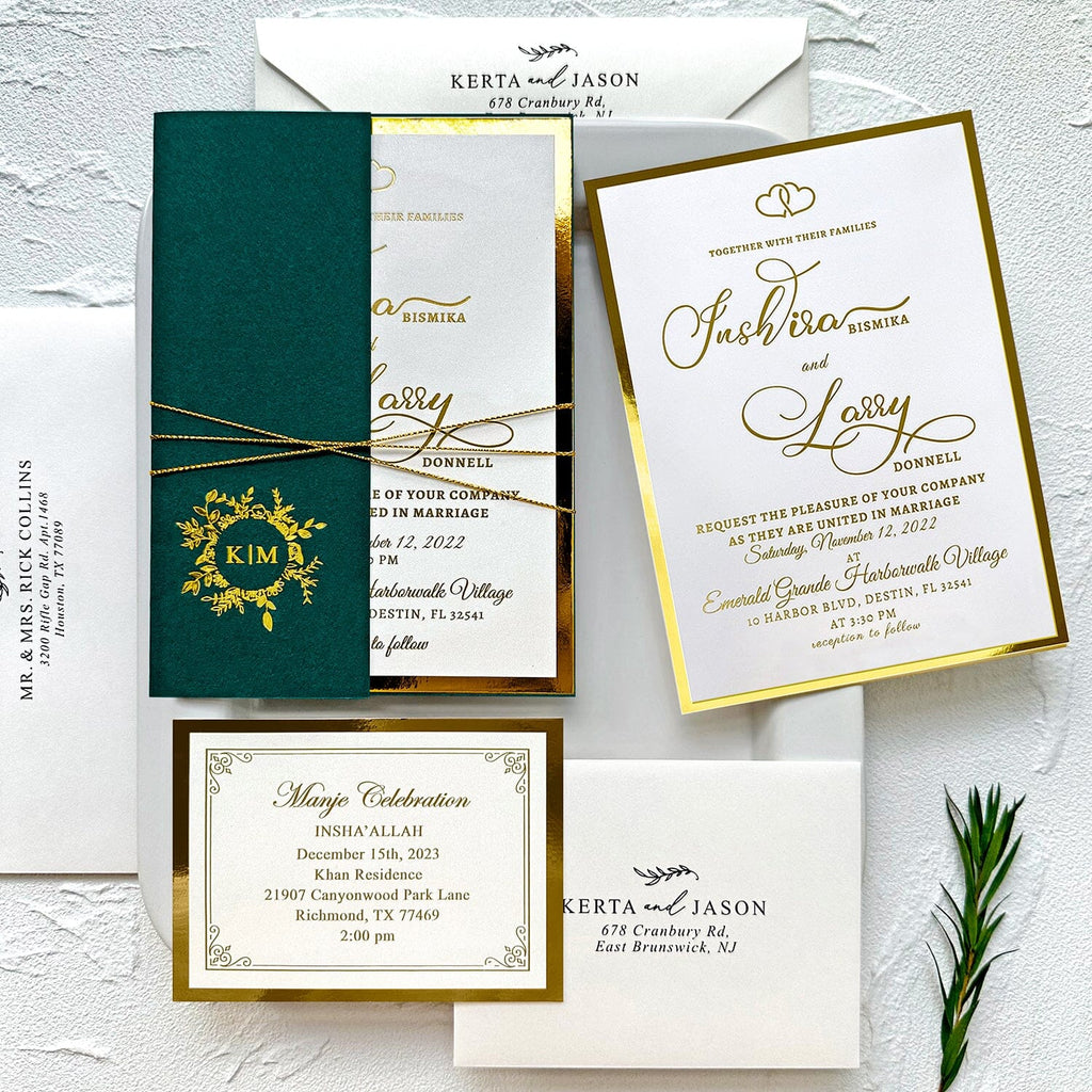 Vintage Jungle Green and Gold Wedding Invitation, Luxury Gold Foil Double-layer Wedding Invitation, Personalized Monogram Foiled Cover, Gold RSVP Wedding Ceremony Supplies Picky Bride