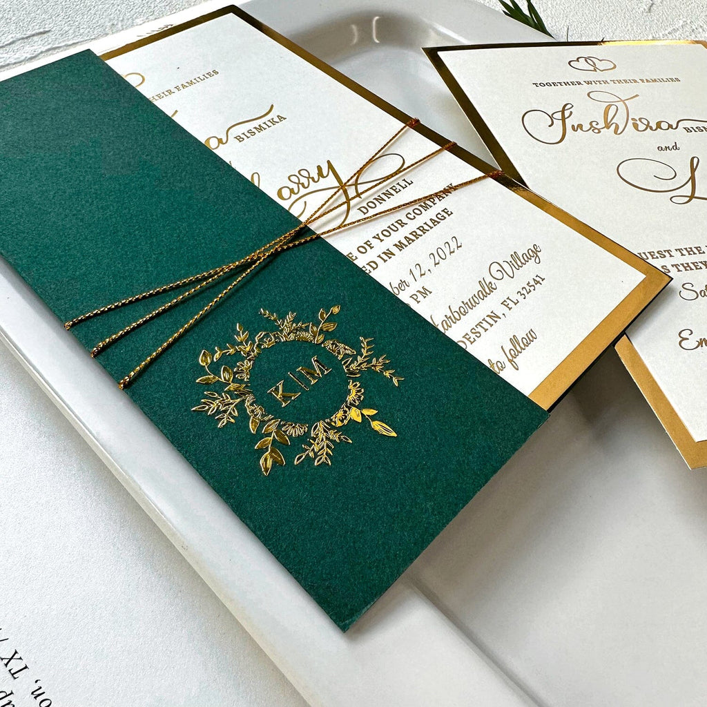 Vintage Jungle Green and Gold Wedding Invitation, Luxury Gold Foil Double-layer Wedding Invitation, Personalized Monogram Foiled Cover, Gold RSVP Wedding Ceremony Supplies Picky Bride